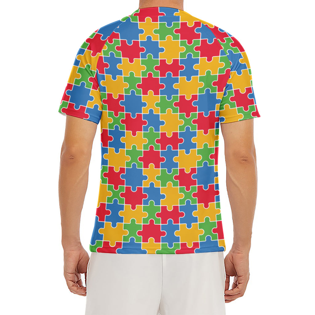 Autism Awareness Jigsaw Pattern Print Men's Short Sleeve Rash Guard