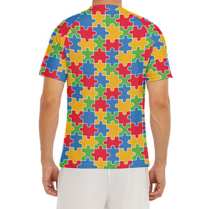 Autism Awareness Jigsaw Pattern Print Men's Short Sleeve Rash Guard