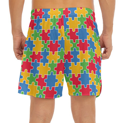 Autism Awareness Jigsaw Pattern Print Men's Split Running Shorts
