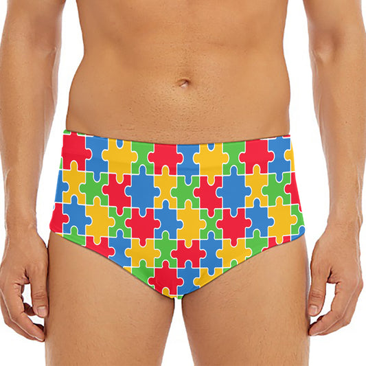 Autism Awareness Jigsaw Pattern Print Men's Triangle Swim Briefs