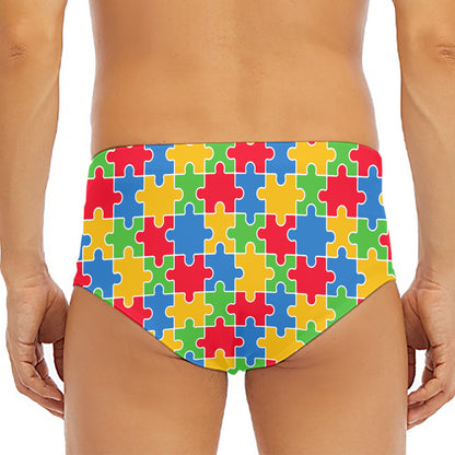 Autism Awareness Jigsaw Pattern Print Men's Triangle Swim Briefs