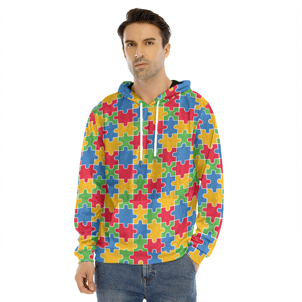 Autism Awareness Jigsaw Pattern Print Men's Velvet Pullover Hoodie