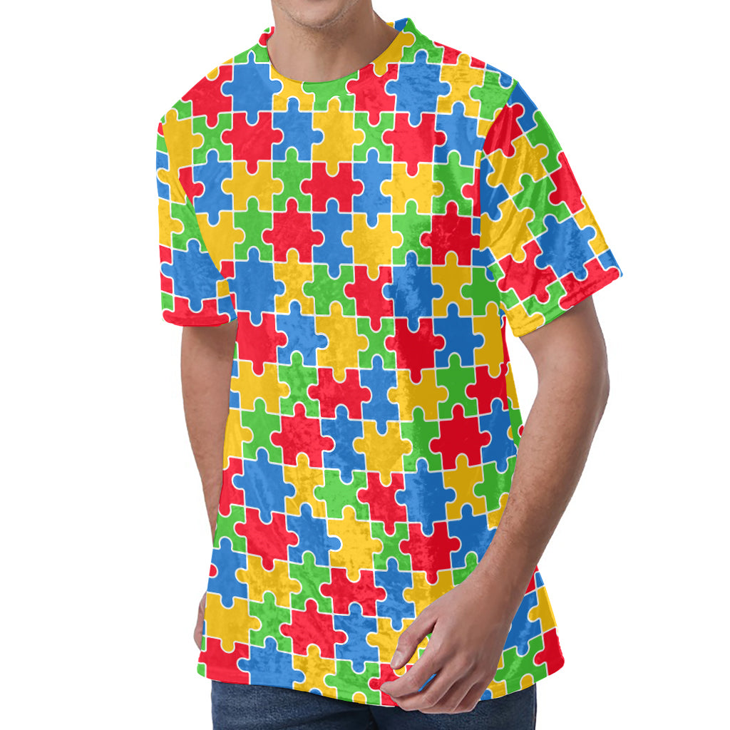 Autism Awareness Jigsaw Pattern Print Men's Velvet T-Shirt