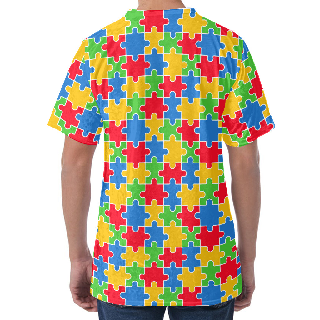 Autism Awareness Jigsaw Pattern Print Men's Velvet T-Shirt