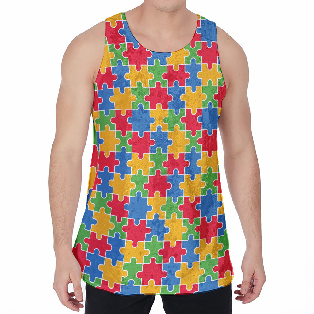 Autism Awareness Jigsaw Pattern Print Men's Velvet Tank Top