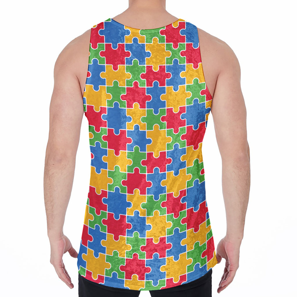Autism Awareness Jigsaw Pattern Print Men's Velvet Tank Top