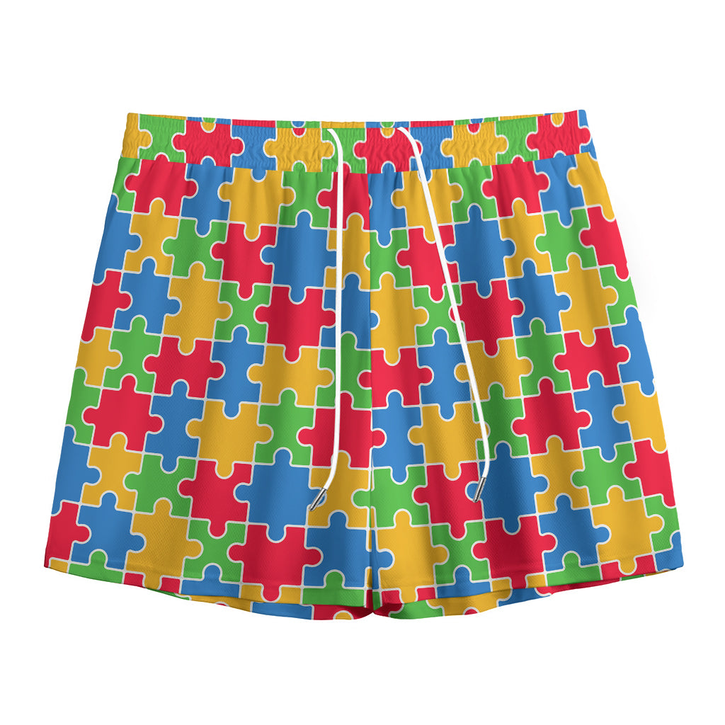 Autism Awareness Jigsaw Pattern Print Mesh Shorts