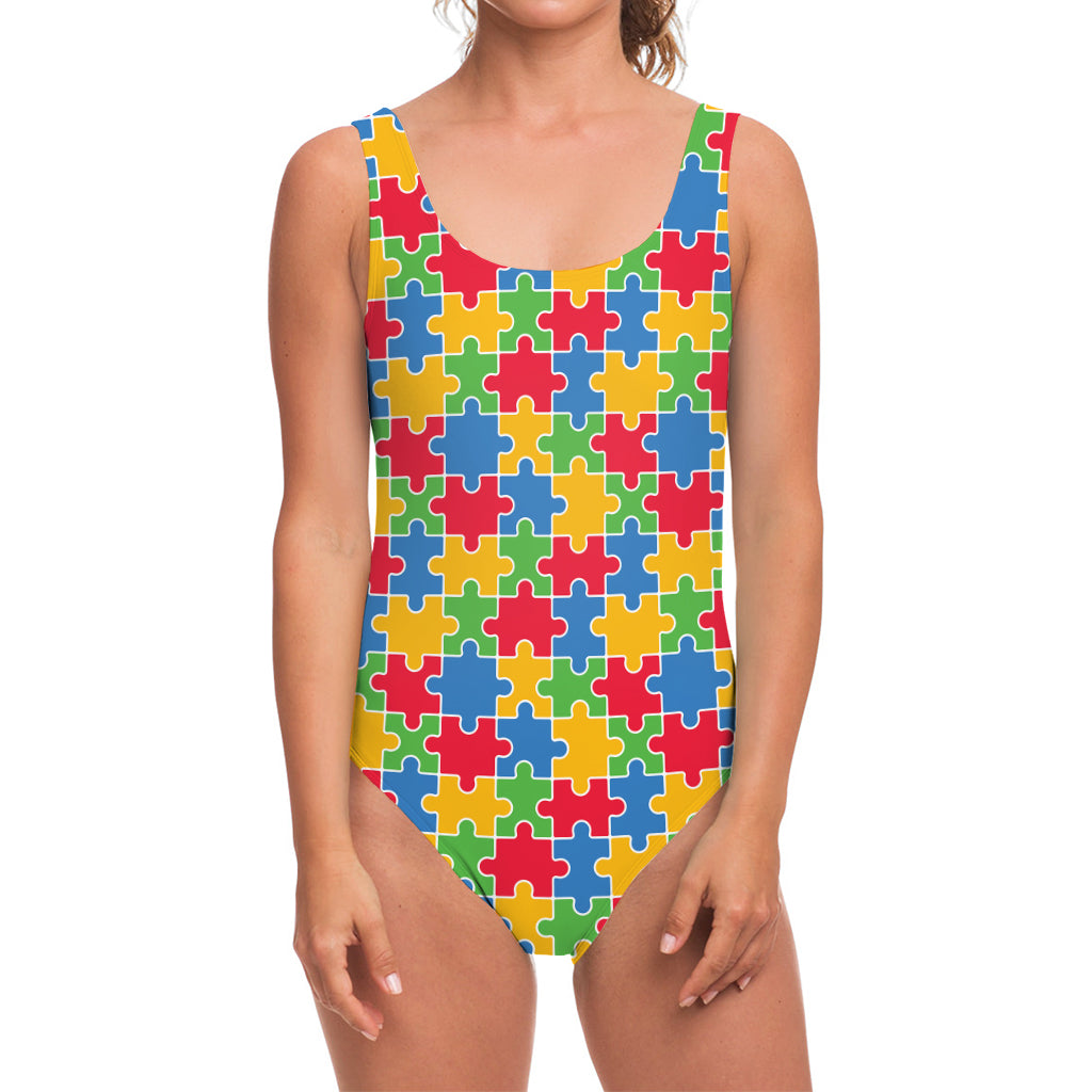 Autism Awareness Jigsaw Pattern Print One Piece Swimsuit