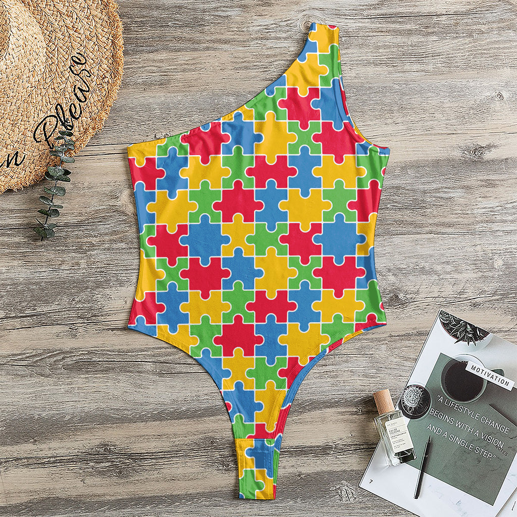 Autism Awareness Jigsaw Pattern Print One Shoulder Bodysuit