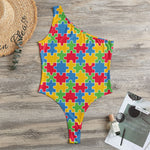 Autism Awareness Jigsaw Pattern Print One Shoulder Bodysuit