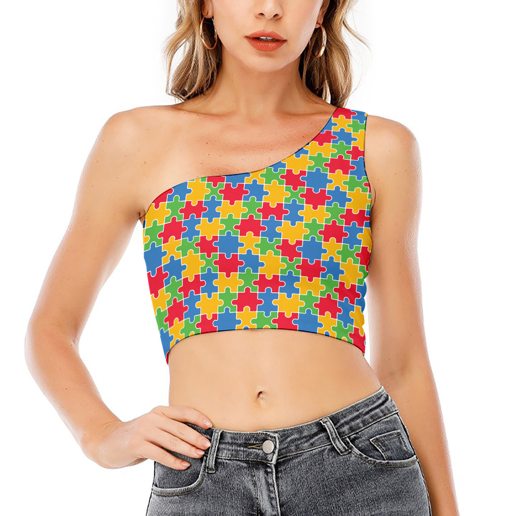 Autism Awareness Jigsaw Pattern Print One Shoulder Crop Top