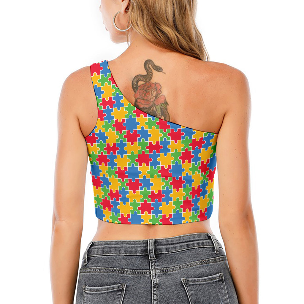 Autism Awareness Jigsaw Pattern Print One Shoulder Crop Top