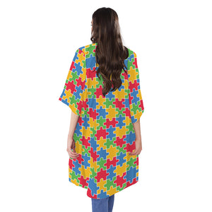 Autism Awareness Jigsaw Pattern Print Open Front Beach Cover Up