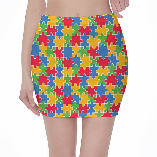 Autism Awareness Jigsaw Pattern Print Pencil Mini Skirt