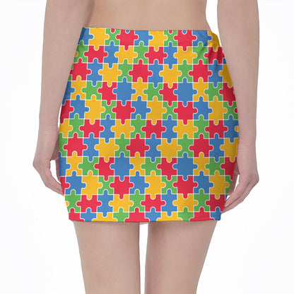 Autism Awareness Jigsaw Pattern Print Pencil Mini Skirt