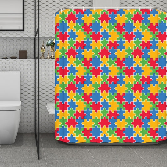 Autism Awareness Jigsaw Pattern Print Polyester Shower Curtain