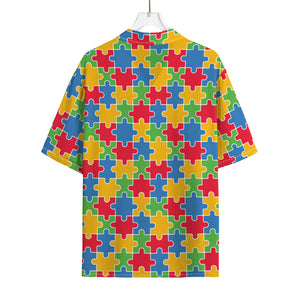 Autism Awareness Jigsaw Pattern Print Rayon Hawaiian Shirt