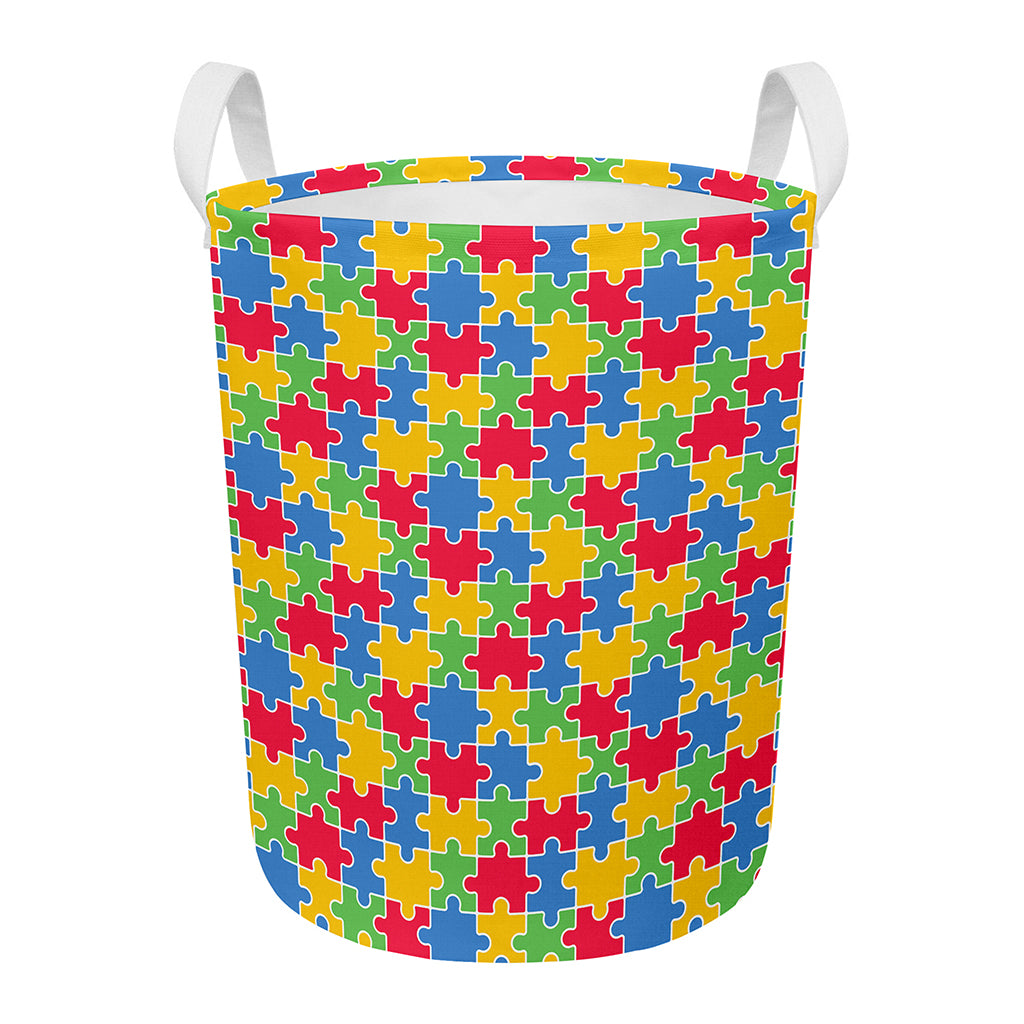 Autism Awareness Jigsaw Pattern Print Round Laundry Basket