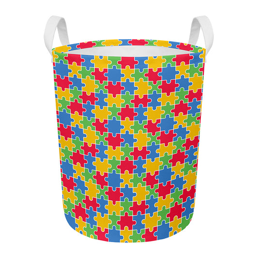 Autism Awareness Jigsaw Pattern Print Round Laundry Basket