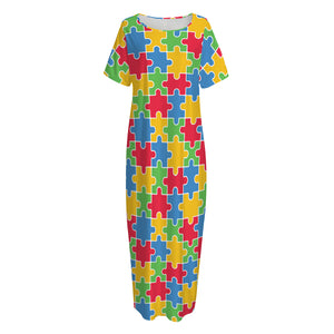 Autism Awareness Jigsaw Pattern Print Short Sleeve Long Nightdress