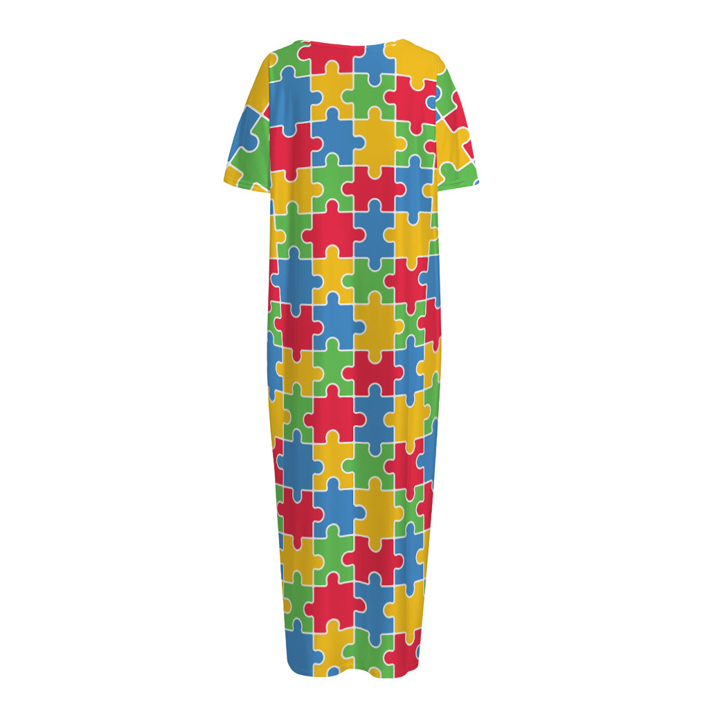 Autism Awareness Jigsaw Pattern Print Short Sleeve Long Nightdress