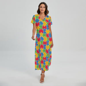 Autism Awareness Jigsaw Pattern Print Short Sleeve Maxi Dress