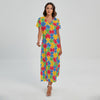 Autism Awareness Jigsaw Pattern Print Short Sleeve Maxi Dress