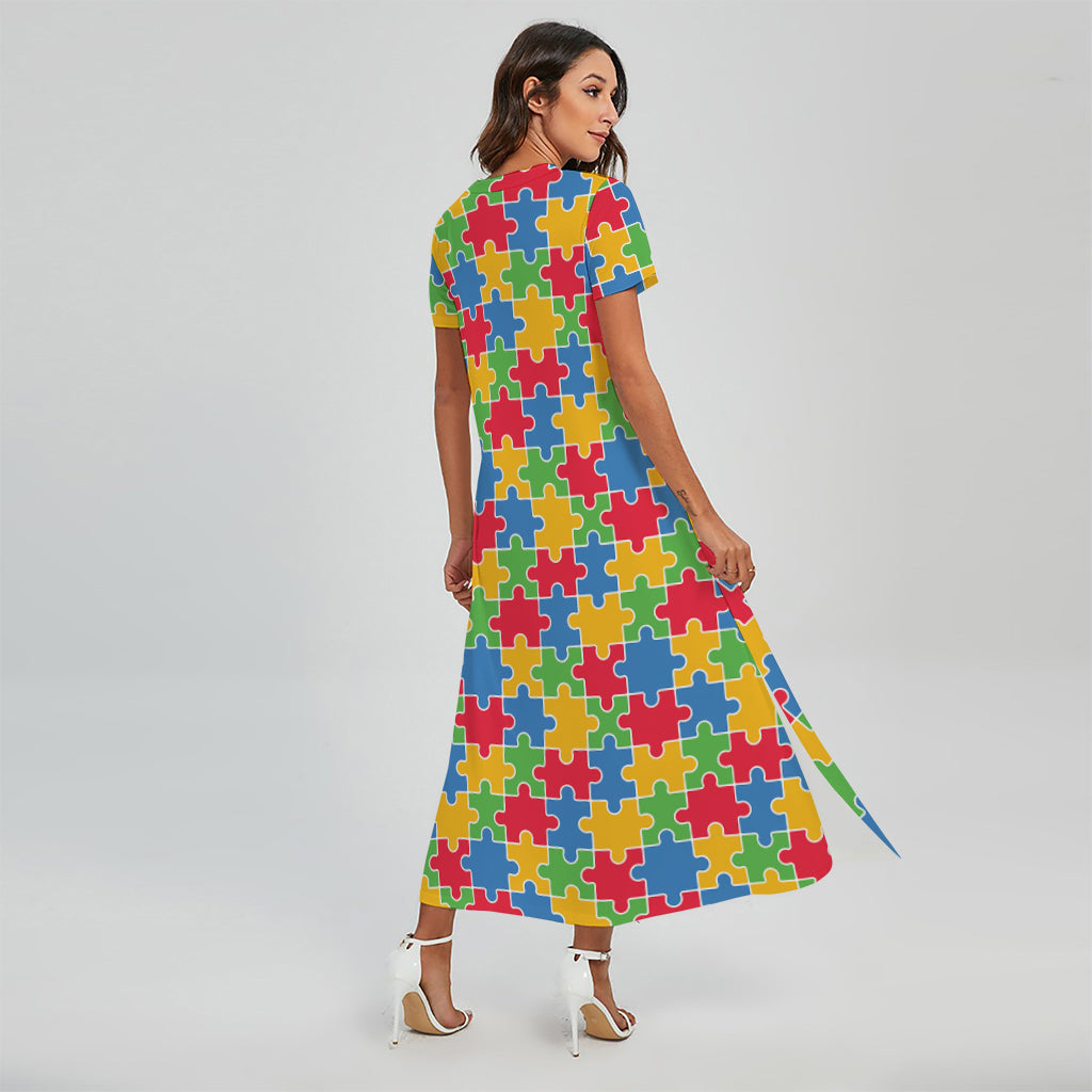 Autism Awareness Jigsaw Pattern Print Short Sleeve Maxi Dress