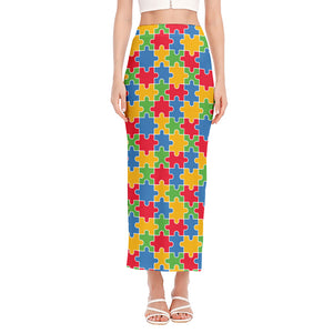 Autism Awareness Jigsaw Pattern Print Side Slit Maxi Skirt