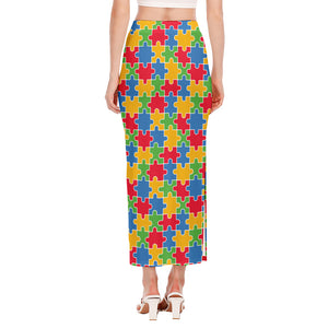 Autism Awareness Jigsaw Pattern Print Side Slit Maxi Skirt