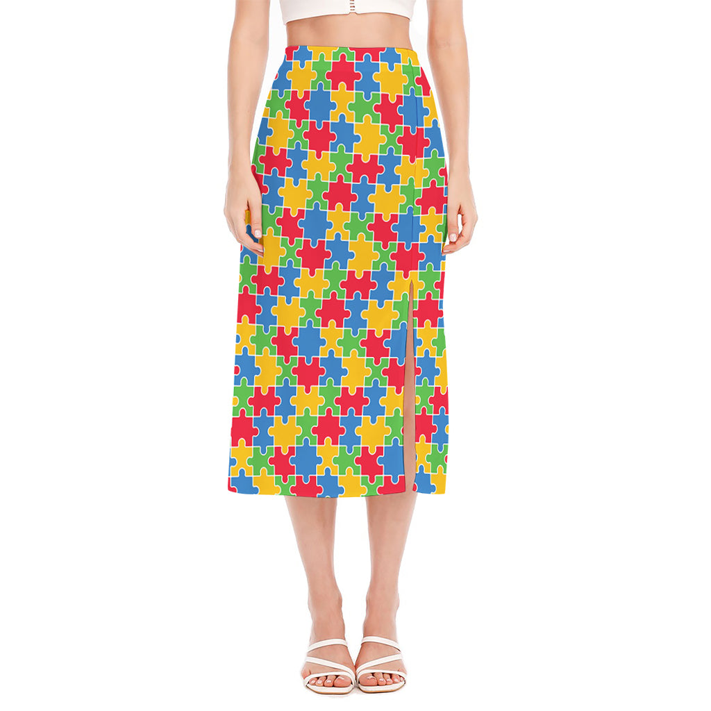 Autism Awareness Jigsaw Pattern Print Side Slit Midi Skirt