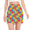 Autism Awareness Jigsaw Pattern Print Side Slit Mini Skirt