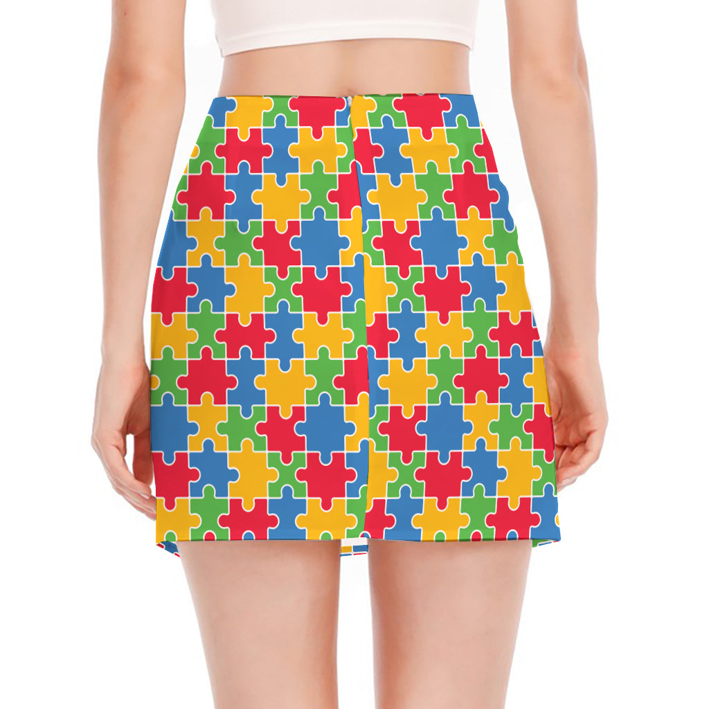 Autism Awareness Jigsaw Pattern Print Side Slit Mini Skirt