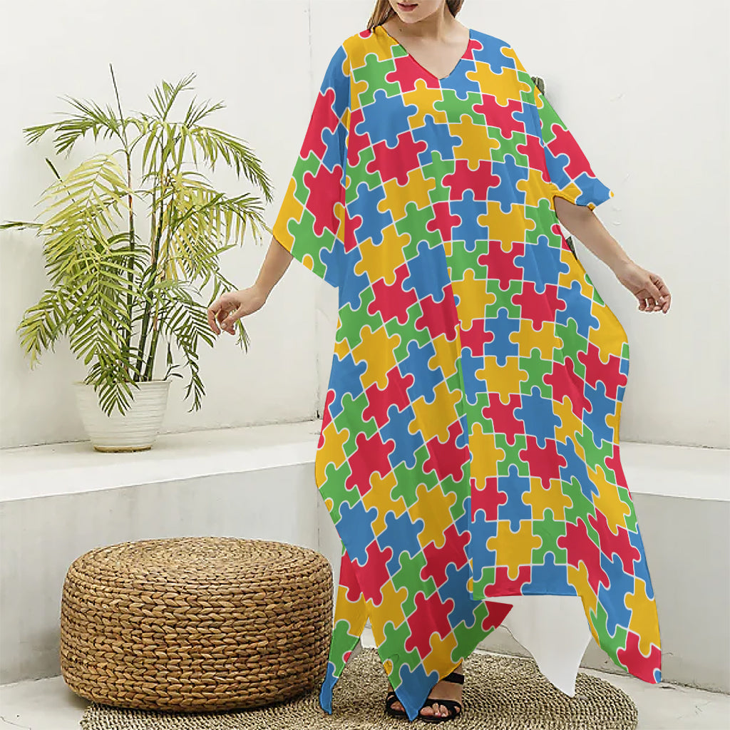 Autism Awareness Jigsaw Pattern Print Silk V-Neck Kaftan Dress