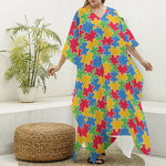 Autism Awareness Jigsaw Pattern Print Silk V-Neck Kaftan Dress