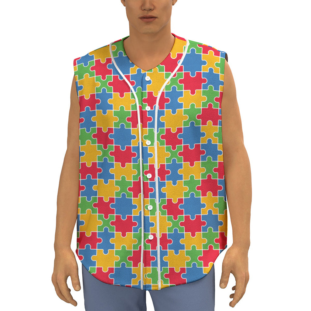 Autism Awareness Jigsaw Pattern Print Sleeveless Baseball Jersey