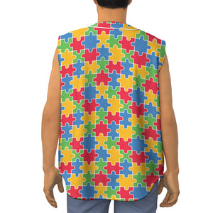 Autism Awareness Jigsaw Pattern Print Sleeveless Baseball Jersey