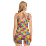 Autism Awareness Jigsaw Pattern Print Sleeveless One Piece Swimsuit