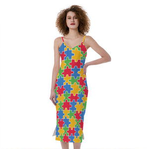 Autism Awareness Jigsaw Pattern Print Slim Fit Midi Cami Dress