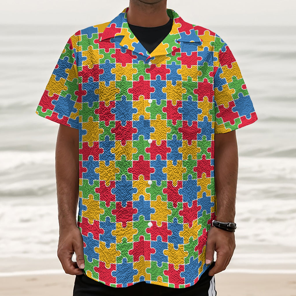 Autism Awareness Jigsaw Pattern Print Textured Short Sleeve Shirt