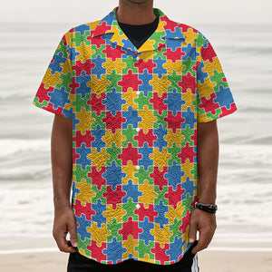 Autism Awareness Jigsaw Pattern Print Textured Short Sleeve Shirt