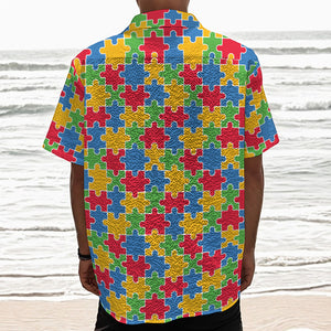 Autism Awareness Jigsaw Pattern Print Textured Short Sleeve Shirt