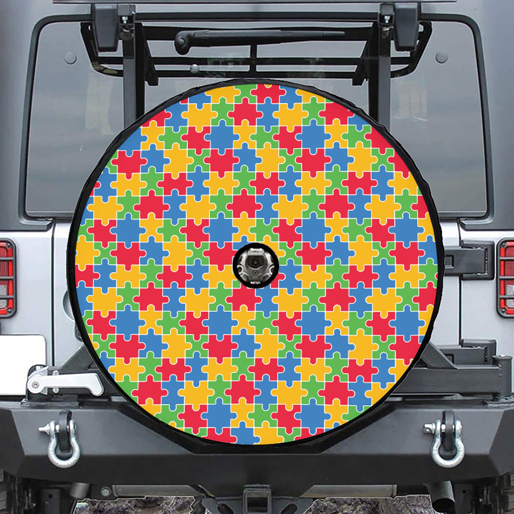 Autism Awareness Jigsaw Pattern Print Tire Cover With Camera Hole