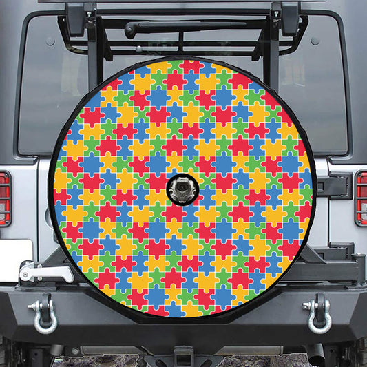 Autism Awareness Jigsaw Pattern Print Tire Cover With Camera Hole