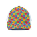 Autism Awareness Jigsaw Pattern Print White Mesh Trucker Hat