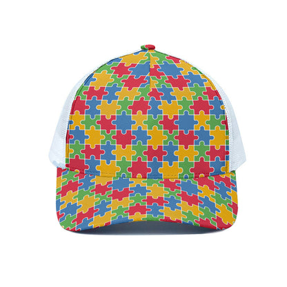 Autism Awareness Jigsaw Pattern Print White Mesh Trucker Cap