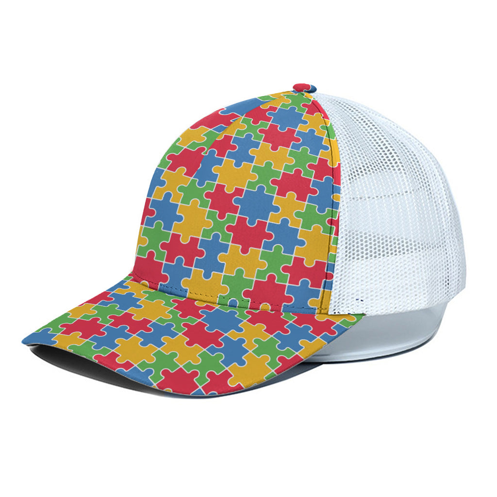 Autism Awareness Jigsaw Pattern Print White Mesh Trucker Cap