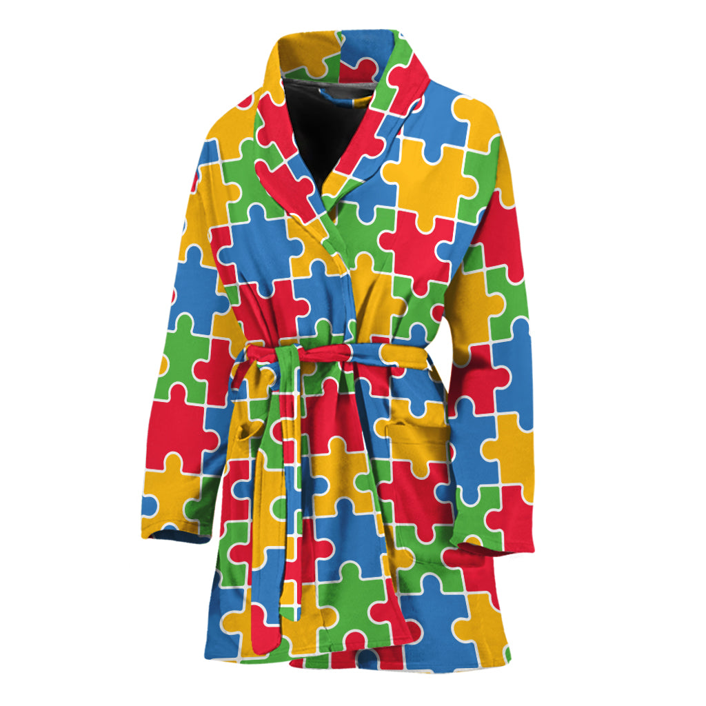 Autism Awareness Jigsaw Pattern Print Women's Bathrobe