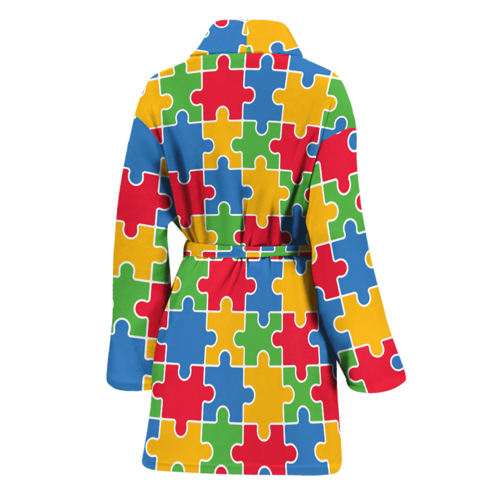 Autism Awareness Jigsaw Pattern Print Women's Bathrobe