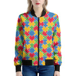 Autism Awareness Jigsaw Pattern Print Women's Bomber Jacket